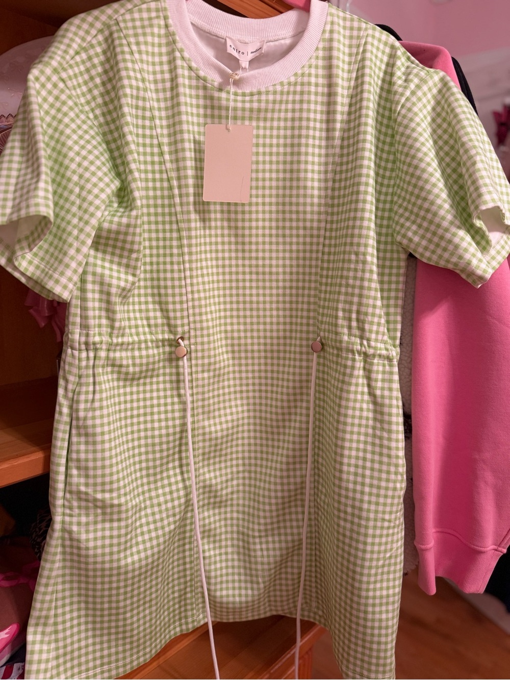 Entro Green Gingham Drawstring Dress with White Trim - Picture 2 of 2
